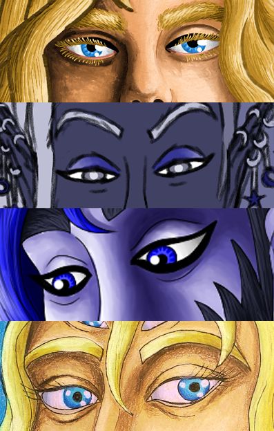 Four cropped images of different characters' eyes collected from various pieces of art to show off the style in which the artist draws eyes. 