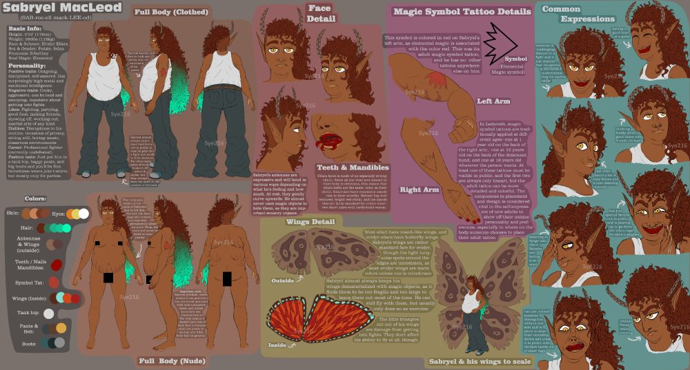 A reference sheet of the OC Sabryel Macleod, showing a full body (both nude and clothed), a face detail showing the character's facial structure and unusual teeth/mandibles, a detail on the character's arm tattoos, a detail of the character's butterfly-like wings, and a section showing the character's common expressions. Further description of this sheet will be in the thread, with each zoomed-in detail shot of the different sections of the sheet. 