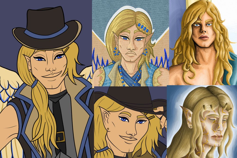 Closeups from various pieces of art of the character Cenryx Ashtil showing how he usually wears his hair. 