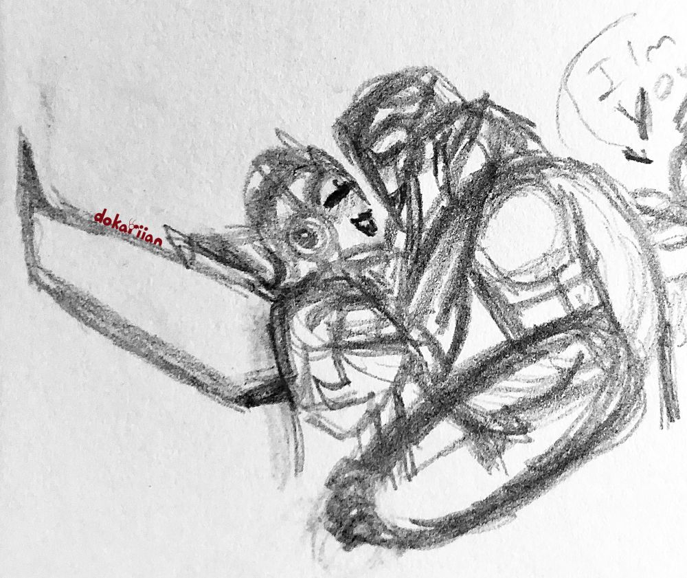 pursuit holding megatron’s helm in her hands as she leans in with a smile, megatron smiles back, hands resting on pursuit’s hips