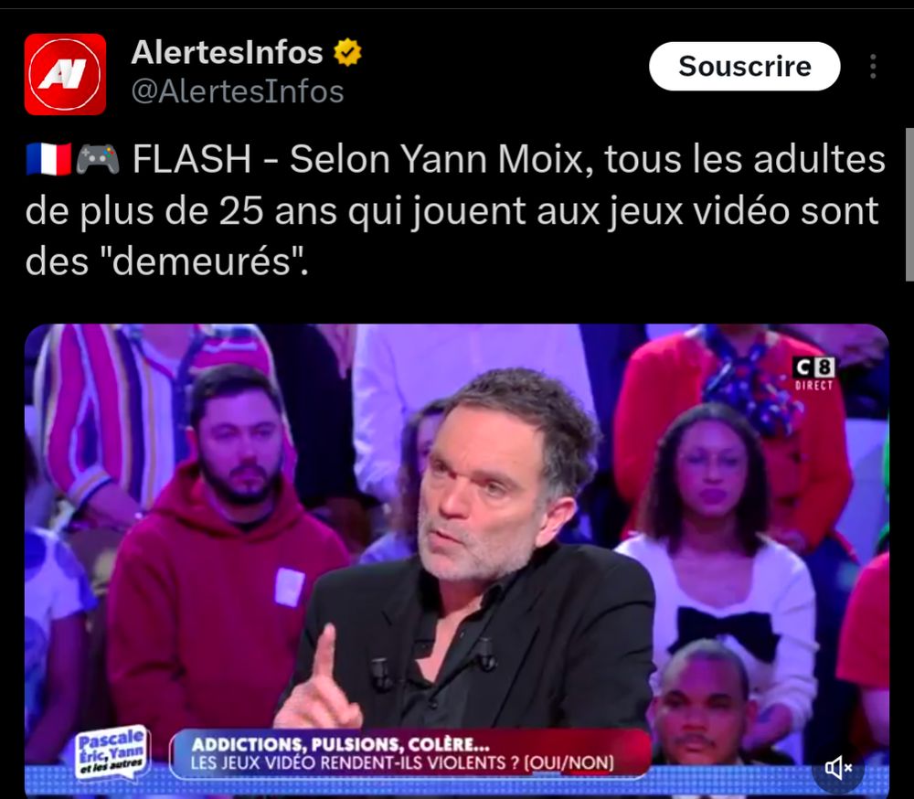 Tweet de AlertesInfos : Selon Yann Moix, tous les adultes de plus de 25 ans qui jouent aux jeux vidéo sont des "demeurés"