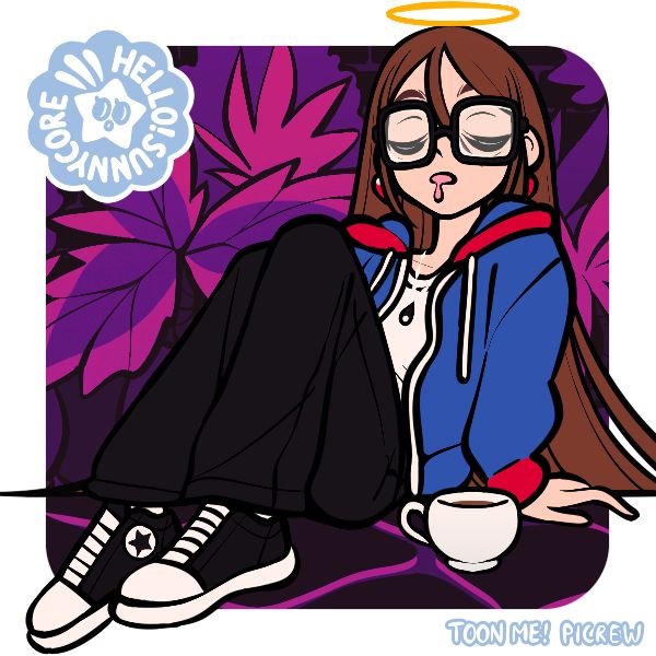 A picrew of myself made with hellosunnycore's Toon Me creator. I'm wearing long, black and somewhat baggy pants with black converse and a blue hoodie with red details on the cuffs and the hood hemming, a simple white T-Shirt and a necklace with a black teardrop.
I have very long, light brown hair that covers the bigger part of a pair of strawberry shaped earrings I'm wearing and intersects with the bridge of my very big, square black glasses. I'm sleepy and sitting on the ground with a cup of coffee in front of a background made of pink and purple jungle leaves. I hope this alt text was good and I hope whoever is reading this has a good day! ily <3