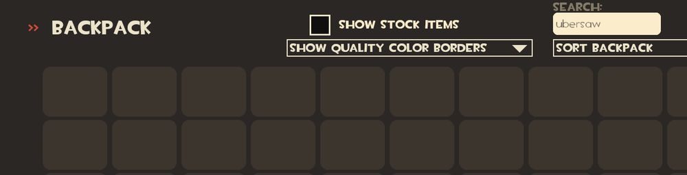 TF2 Backpack search with the word "ubersaw". No results.