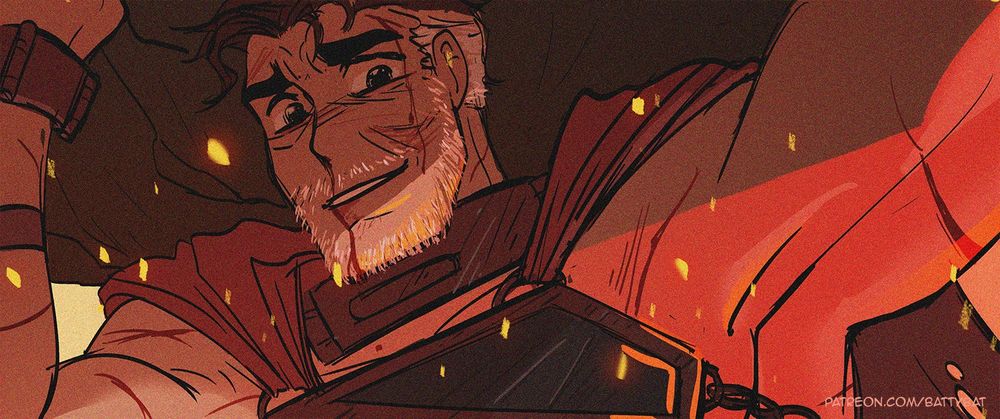 War World Clark smiles at him while holding up a bolder, a bit of blood running down his face.