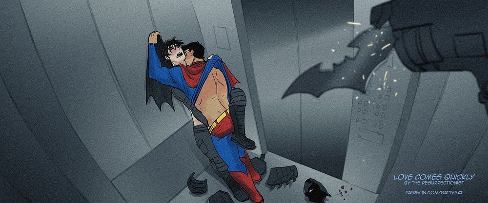 The focus is now on Bruce and Clark, with Bruce pinned to the elevator wall as Clark kisses Bruce's neck.