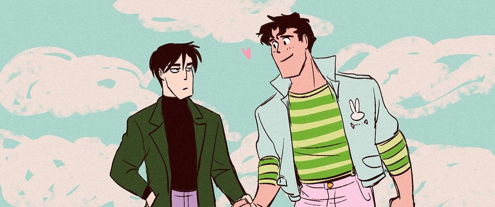 Bruce, as Mamoru and Clark, as Usagi, hold hands.