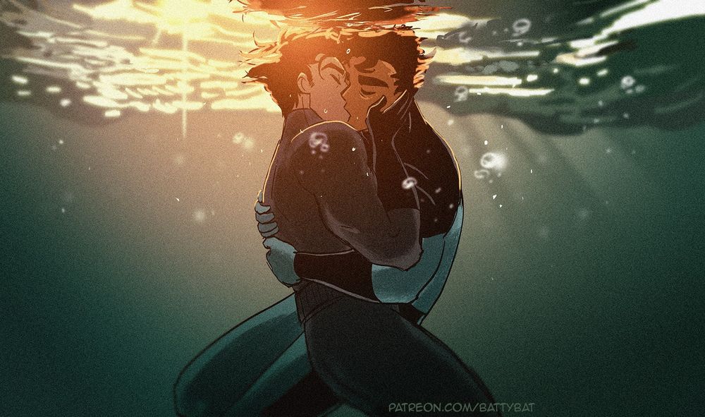 Justice Beach Bruce and Clark kissing just under the surface of the water.