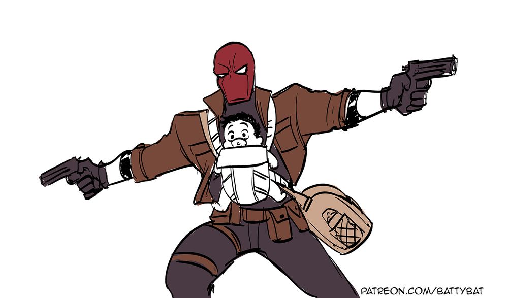 Redhood with guns pointed to either side, carrying a diaper bag and wearing a baby bjron with baby Bruce in it. He's not a good babysitter.