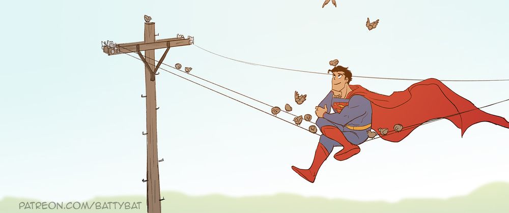Superman hanging out with some birbs on a wire!