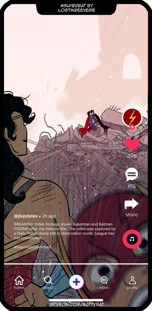 A tiktok phone display shows Superman and Batman kissing on top of some rubble post-battle, with Wonder Woman and Flash (freaking out) in the foreground.