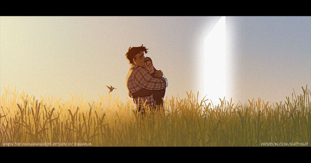 An older Bruce and Clark reunite and embrace in the same field in spring, 6 months later for Clark and 30 years later for Bruce. A blinding white dimensional portal is behind Bruce.