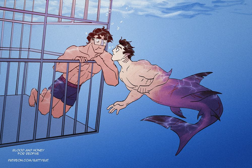 Clark holds his breath underwater in a shark cage while a Bruce mer-shark swims up to him, curious.