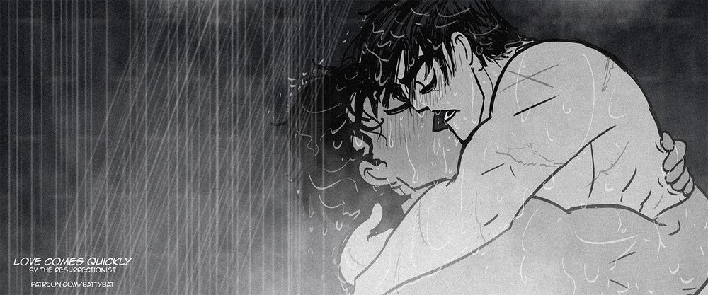 Panel 4/4: Clark lifts Bruce up as they make out in the shower.