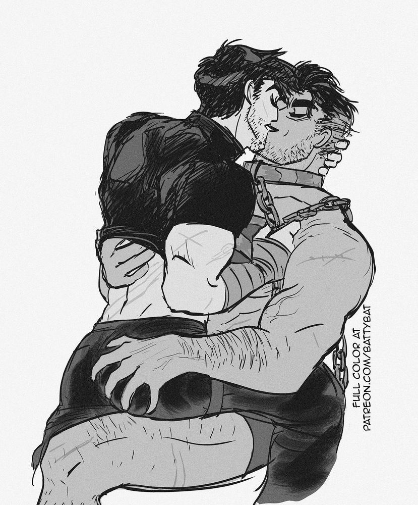 Future State!Bruce climbs onto War World!Clark's lap as they press their lips together. Bruce is clutching Clark's chains and Clark is grabbing Bruce's ass.