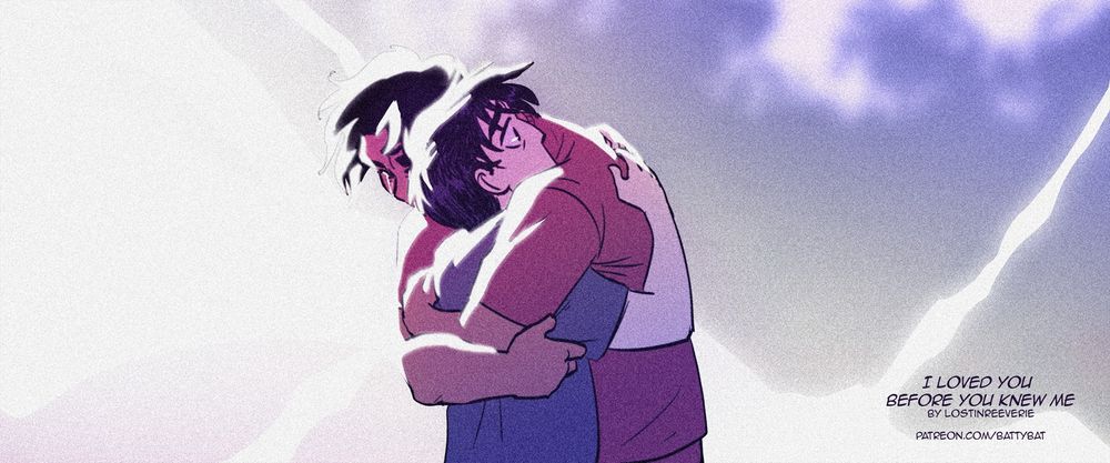 Clark hugs Bruce tight as Bruce is about to return to his own timeline, the space time rip lighting up the sky behind them.