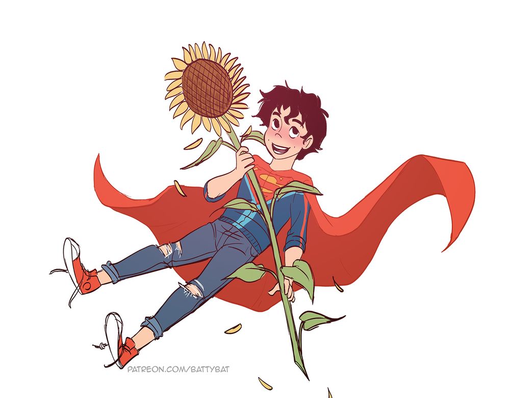 Jon Kent floating and holding a sunflower bigger than him. 