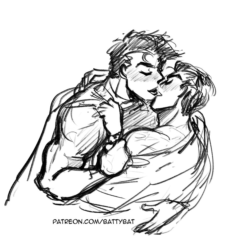 Superman ripping Bruce's white shirt off as they're making out.