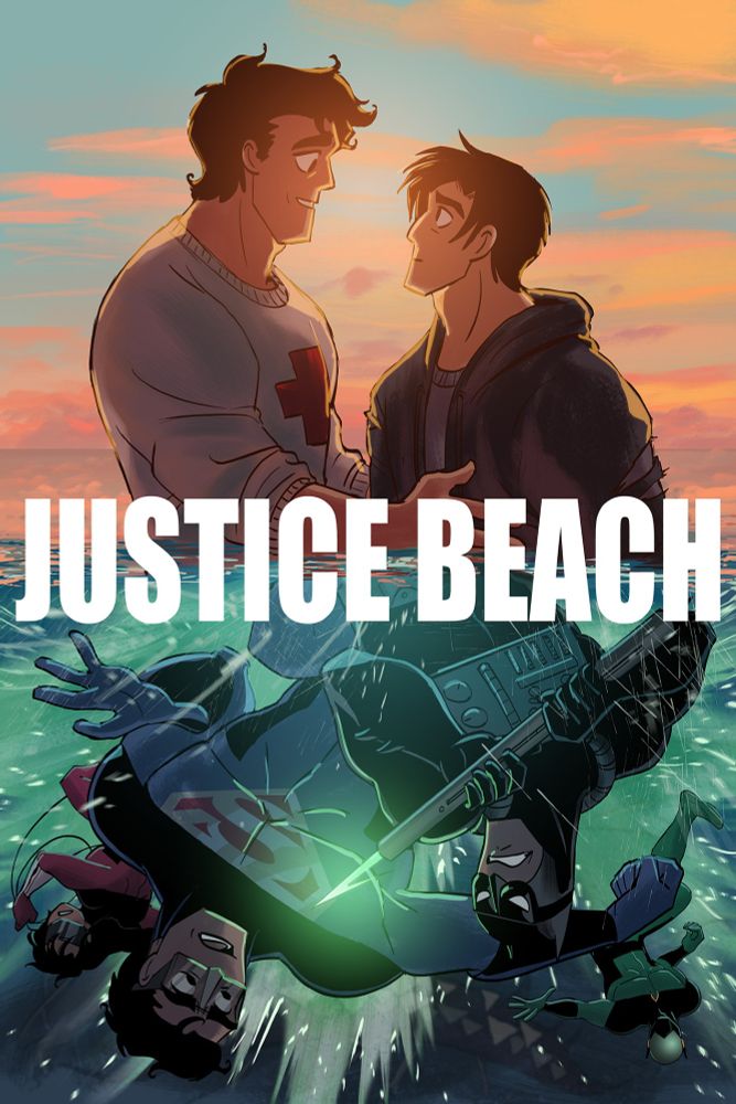 The cover of Justice Beach: the upper half is Clark and Bruce staring at each other against a sunset while the lower half is Superman reeling away from Batman, who is wielding a kryptonite harpoon.