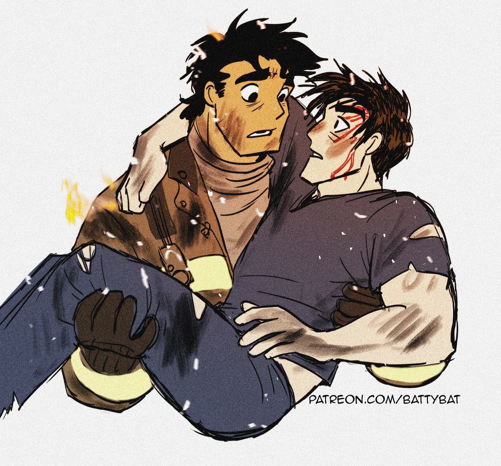 Firefighter Clark Kent comes to the rescue as Bruce looks at him in astonishment.