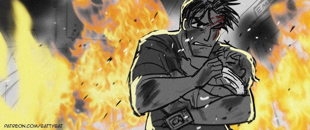 Dr. Bruce Wayne rushes a child outside of Gotham General Hospital as a raging inferno from a bomb surround them.
