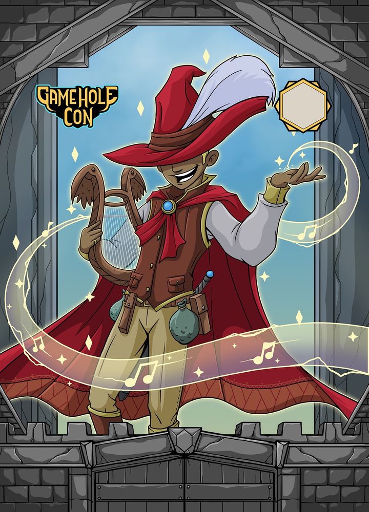 A cheerful bard of color wearing a red cape and a wide red hat. They carry a winged harp and gesture as song magic swirls around them. 
