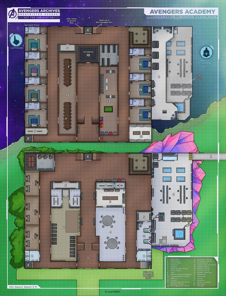 A top down map of the Avengers Academy school with two floors containing classrooms, kitchen, library, gymnasium, dorms and more floating on the edge of Perdition.