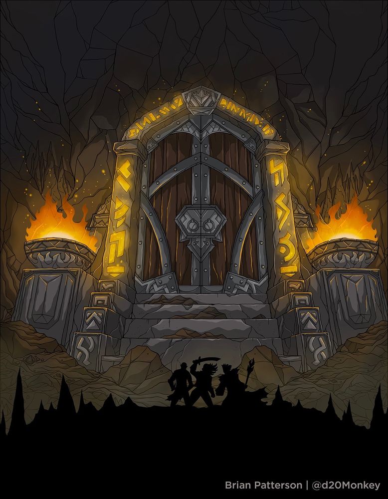 An illustrated cover piece depicting a large set of wood and iron doors rimmed with glowing eldritch runes and flanked by iron brasiers. A trio of heroes stand in silhouette in the foreground.