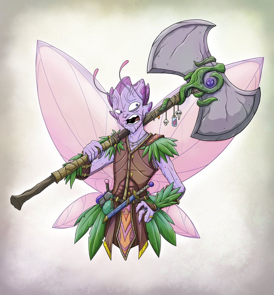 An illustration of the angriest fairy barbarian ever. Complete with large axe and leather armor.
