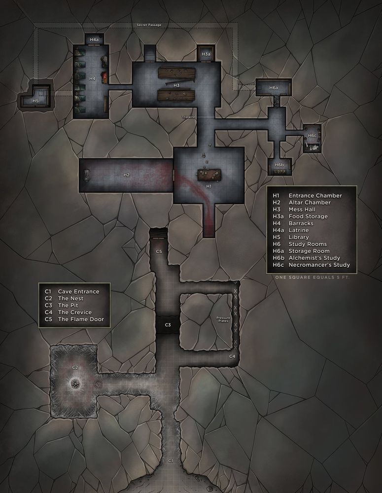 A dungeon map buried within cliffs with various rooms and spider webs.