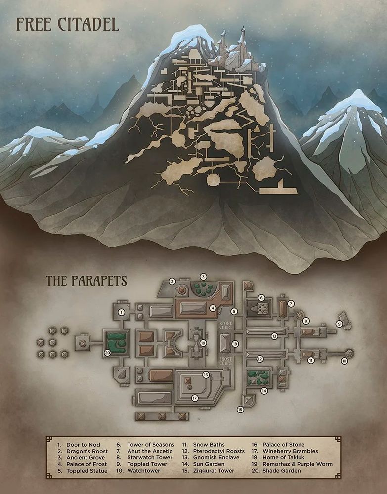 A cutaway map of a stronghold within a snowy mountain range.