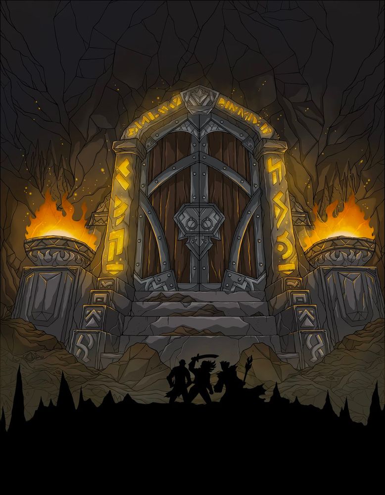 An illustration of a giant stronghold with massive doors, braziers, and silhouetted heroes preparing for adventure.
