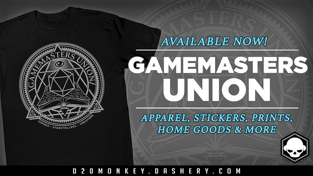 A black t-shirt with the Gamemasters Union design featuring a d20, book, and stylized Illuminati-inspired graphics.