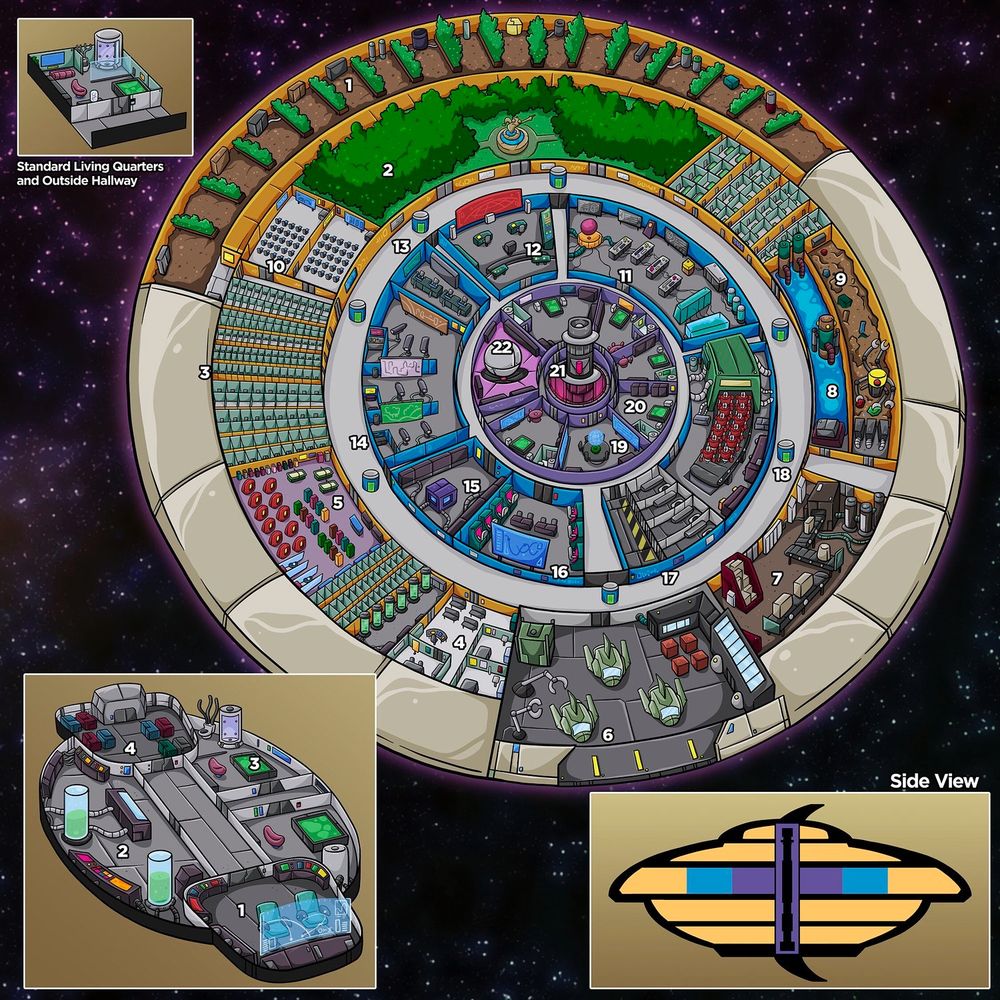 An illustration of a colorful isometric alien spaceship with a central power core, rooms, a small park, and a shuttle pay. The piece also includes a close up of a shuttle and a side cutaway view of the decks of the ship. 