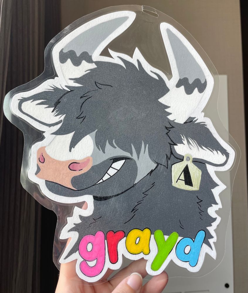 A photo of a furry convention badge. The character is a cow named Grayd. He has long, shaggy dark grey fur that goes over his eyes, a pale pink nose with a round white marking above it and a light grey face. His horns start white near the head, then a squiggly dark grey bold line, and then light grey. He has a green ear tag on his left ear with a black letter “A” on it. He has a funny smile. His name is written on the bottom in round letters, like fridge magnets. The “g” is pink, “r” red, “a” yellow, “y” lime green, “d” light blue.