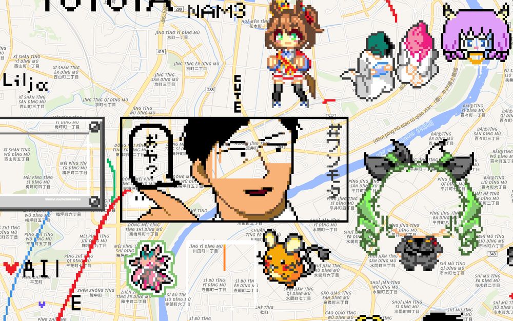A work in progress pixel art mural of Toyota-san from One-Motorization saying 「おや？」 next to various pixel art pieces. 
