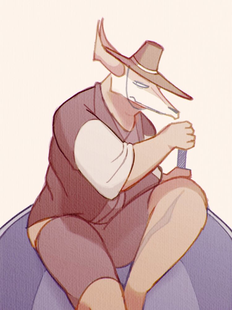 A drawing of a large fat skullhead demon with a hat and traditional peasant robes, with a huge scar in his left leg, rowing a boat by himself. He's looking at the camera blankly.
