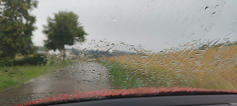 Blick durch eine sehr nasse Autofrontscheibe nach draußen. Man kann einen asphaltierten Weg, ein Feld und ein paar Bäume erkennen. Der Himmel ist grau. 