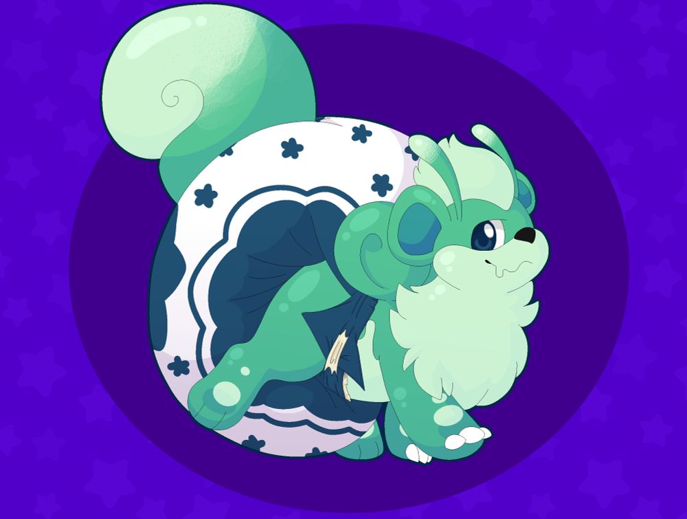 a green alien growlithe wearing a very poofy diaper with a blue star pattern