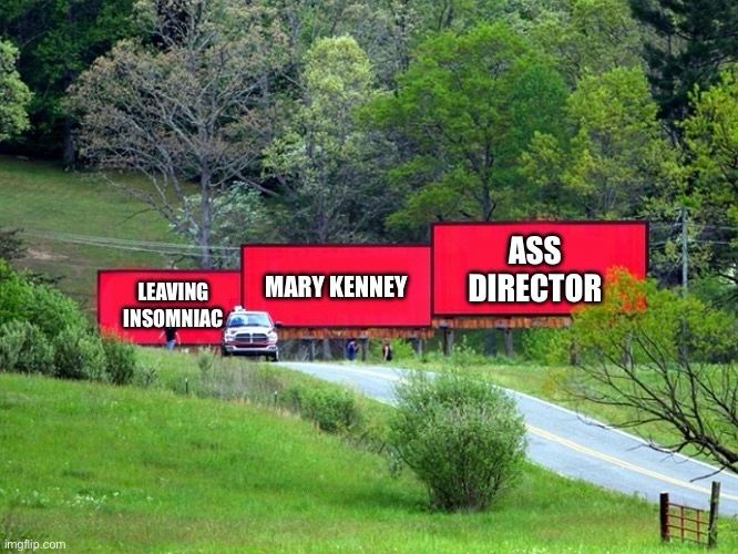 Three Billboards meme reading “Ass Director Mary Kenney Leaving Insomniac”