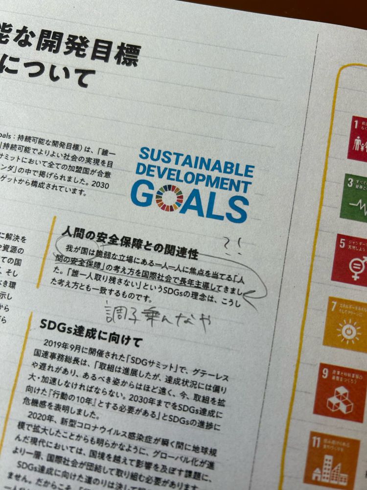 外務省のSDGsに関するページを印刷したものの写真
『我が国は脆弱な立場にある一人一人に焦点を当てる「人間の安全保障」の考え方を国際社会で長年主導してきました。』と書かれた部分に下線を引き、調子乗んなやと書き込んである