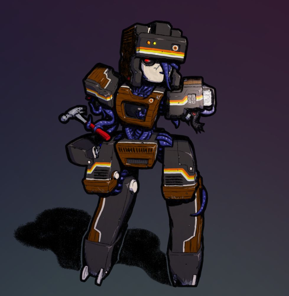 A black robot, with wood trim and colored lines that suggest an early style of computers and electronics. It appears dented and damaged, and lacks arms as if they've been ripped off. Out of various holes and crevices, fleshy blue tentacles act as manipulators and joints, as some extend from one shoulder to pull a nail hammer out of a hip compartment. The other shoulder is extending a flip-out headlight to illuminate the viewer. Under a boxy helmet, the robot has a smooth white face plate with one red eye visible. The other is covered by tentacles hanging down over it like bangs.