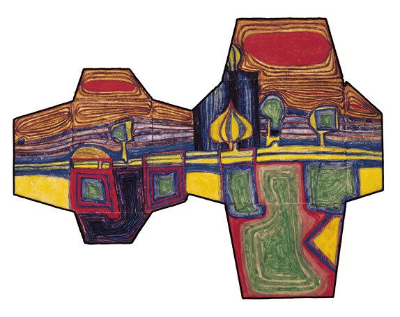 "583 Two Envelopes on a Long Voyage" by Friedensreich Hundertwasser features vibrantly colored forms and swirling patterns, reflecting Hundertwasser's signature organic and whimsical style. The abstract design invokes a sense of movement and journey, emphasizing themes of nature and spirituality.