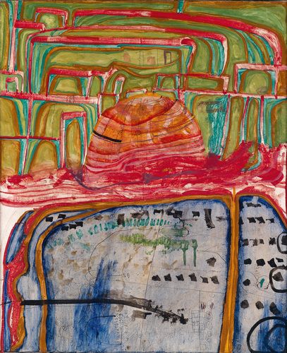 "398 The Mosque" by Friedensreich Hundertwasser features vibrant, organic lines and bold colors that evoke a sense of dynamic movement and architectural fluidity. Hundertwasser's style often reflects his fascination with natural forms and his philosophy of harmony between man-made structures and their environmental surroundings.