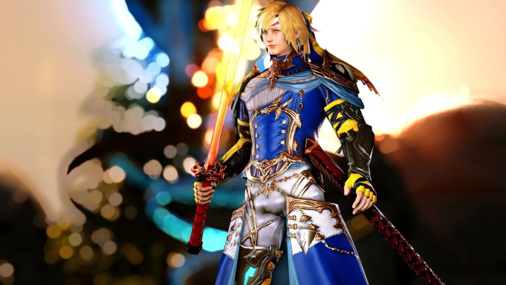 A man with a blue and yellow outfit in a city where the sun is rising behind.