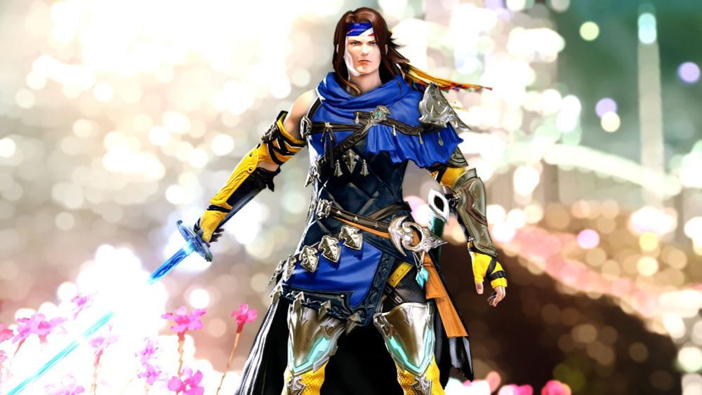 A man in a blue and yellow outfit in a shiny area.