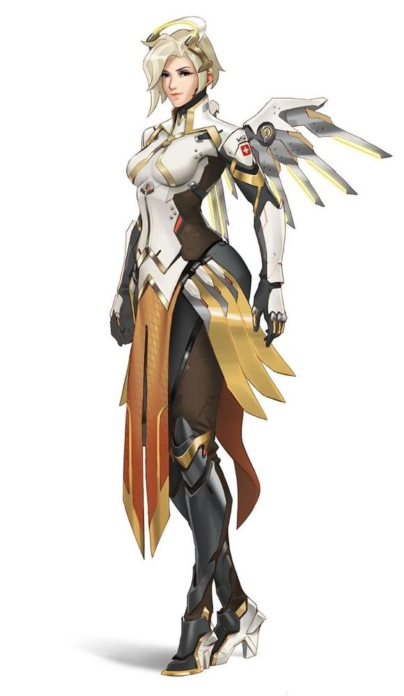 Mercy from Overwatch on a white background. She's a white woman with blonde hair cut in a bob. She wears a bodysuit type of armour that ends in a sort of skirt. She sports black leggings and heeled slick black boots. She has mechanical wings attached to the back of her suit. Her outfit has some yellow/orange highlights. She's posing in a relaxed standing position with her arms along her body.