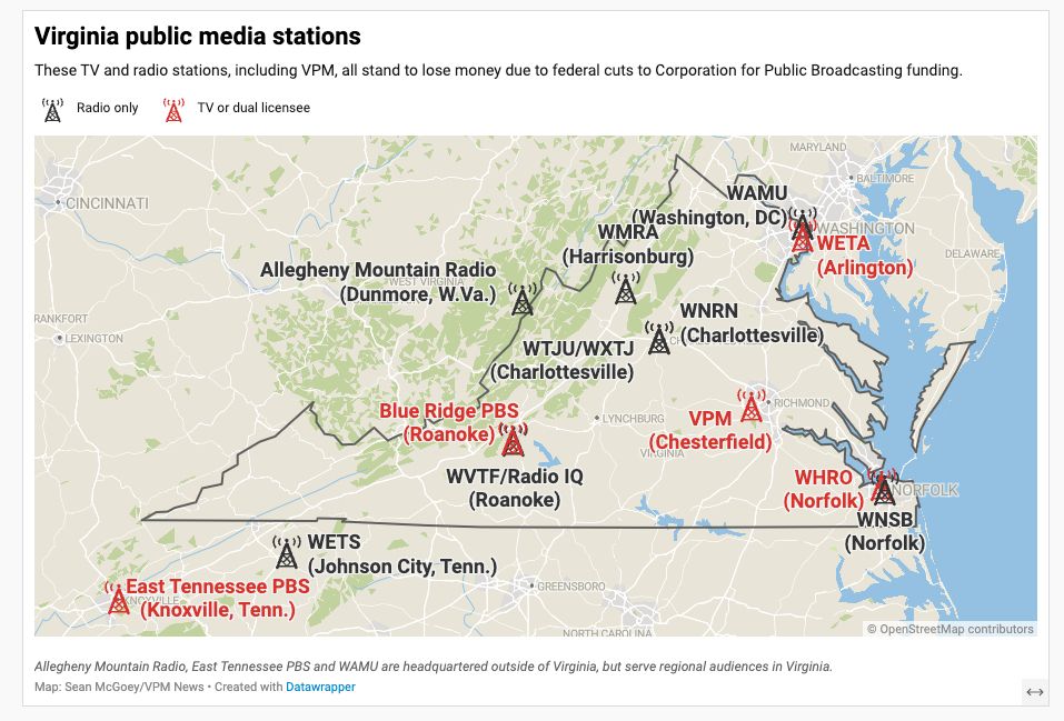 A map of Virginia showing public media stations who all stand to lose money due to federal cuts to Corporation for Public Broadcasting funding.