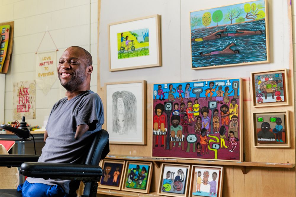 Local artist Bukuru Nyandwi is photographed on Friday, July 12, 2024 at Studio Two Three in Richmond, Virginia.
