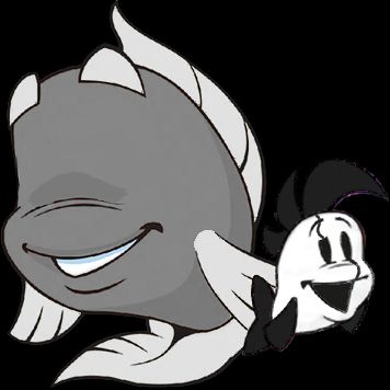 edited image of Freddi FIsh and Luther from the Freddi Fish games. freddi is colored entirely grayscale and has no eyes. luther has a white body and black fins, with pitch black eyes and what appear to be cracks going across his face