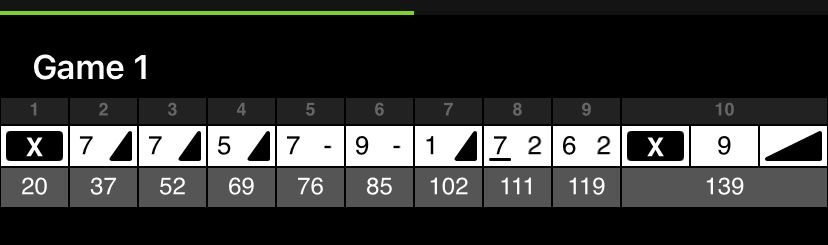 A bowling game score card with a total of 139
